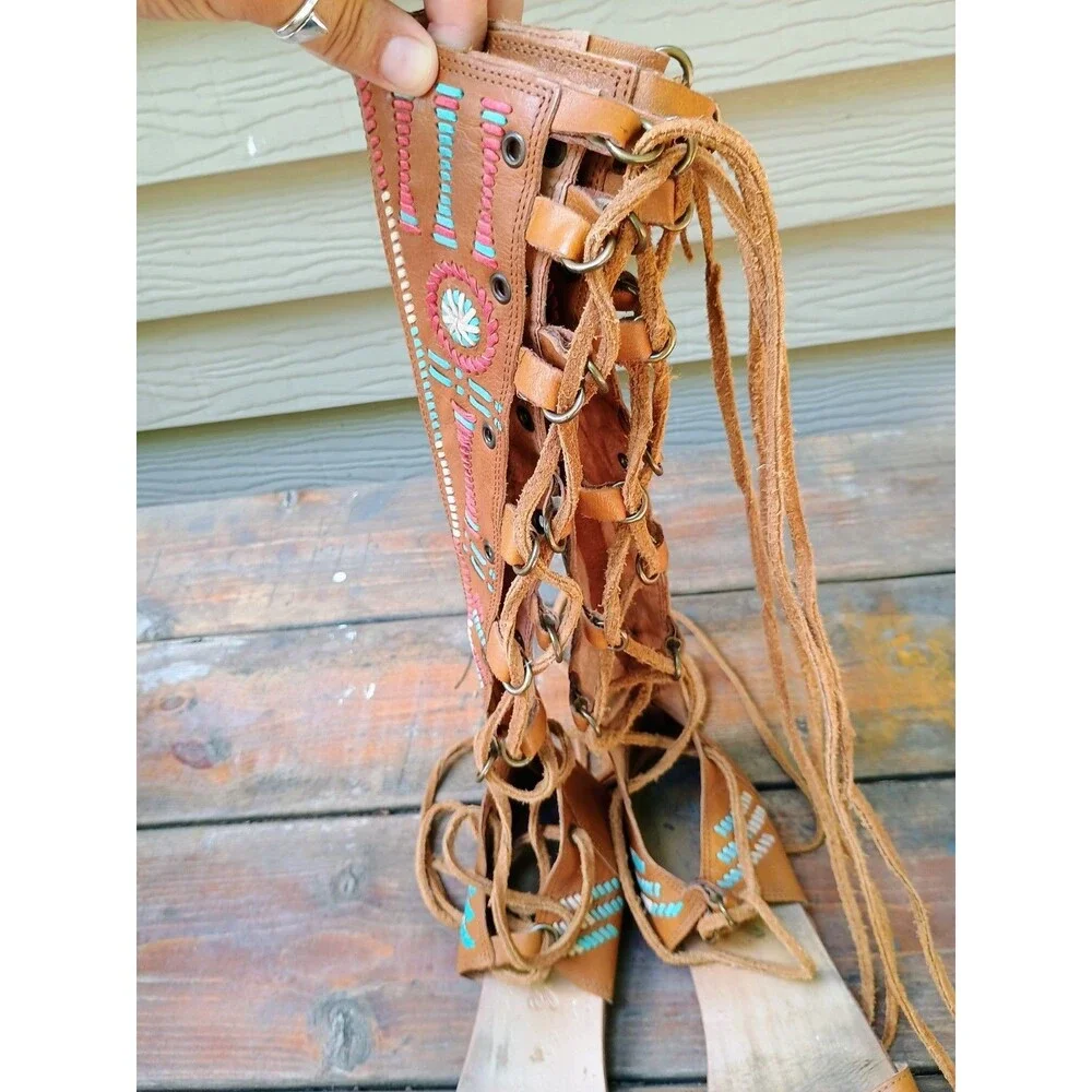Free People Gladiator Sandal Brown Embroidered Coachella Festival Renaissance 41